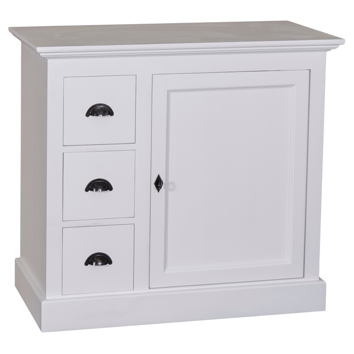 Szel-Mob Komód, 1 ajtóval, 3 fiókkal, fehér színben, 100% tömör fából