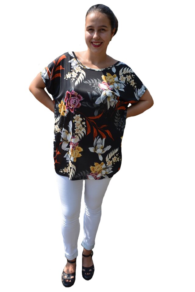 Bluza Lucia cu imprimeu exotic leaf,maneca scurta,D&J Exclussive, Negru