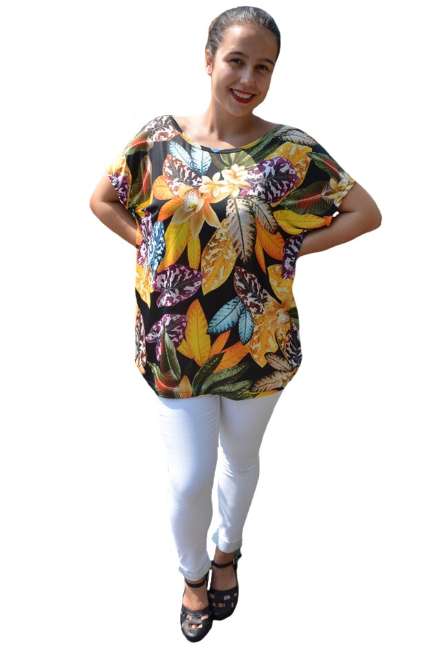 Bluza Lucia cu imprimeu exotic leaf,maneca scurta,D&J Exclussive, Multicolor