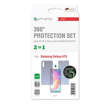 Carcasa din silicon subtire si capac de protectie din sticla pentru afisarea Samsung Galaxy A70, 4smarts 360° Protection Set, transparent Carcasa din silicon subtire si capac de protectie din sticla pentru afisarea Samsung Galaxy A70, 4smarts 360° Protection Set, transparent