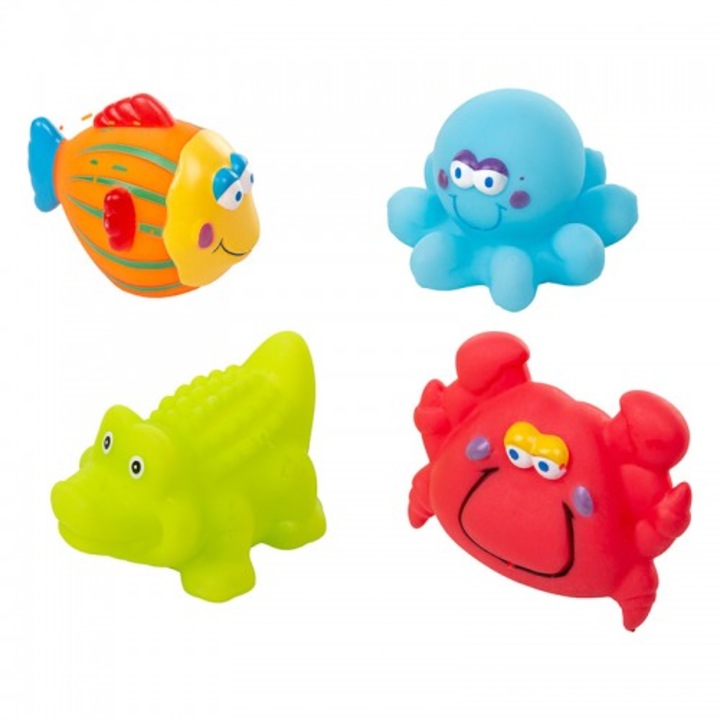 Set 4 jucarii de baie Akuku, peste, crocodil, crab si caracatita, forme rotunjite, fabricate din materiale sigure, nu contin bisfenol A