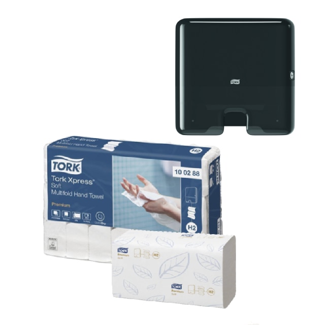Pachet Prosoape hartie Tork Xpress 100288, gama Premium, 2 straturi, 21pachete/bax, culoare alb si Dozator Prosoape pentru Maini Pliate Tork Xpress® Mini Multifold 552108, culoarea negru