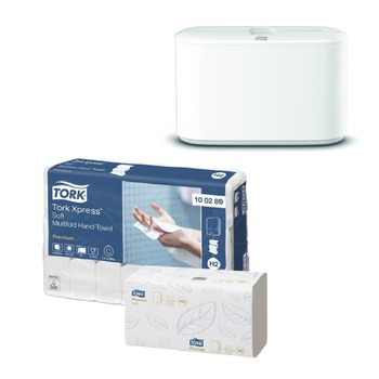 Pachet Prosoape hartie Tork Xpress 100289, gama Premium, 2 straturi, 21pachete/bax, culoare alb si Dozator Prosoape pentru Maini Pliate Tork Xpress® Countertop Multifold 552200, culoarea alb Pachet Prosoape hartie Tork Xpress 100289, gama Premium, 2 straturi, 21pachete/bax, culoare alb si Dozator Prosoape pentru Maini Pliate Tork Xpress® Countertop Multifold 552200, culoarea alb