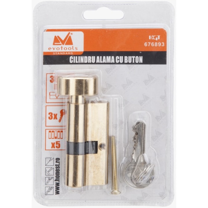 Cilindru cu Buton EvoTools, din alama, tip centrat, mecanism cu 5 pini, 3 chei frezate, lungime 60 mm (30+30), culoare alama