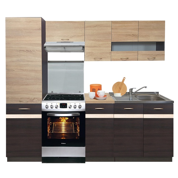 Set Bucatarie Junona 3C1A, Genarom, PAL, Finisaj Stejar Sonoma cu Wenge, 230 x 195,5 x 60 cm