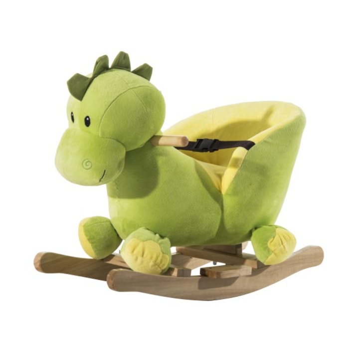 Детска люлка HomCom Rocking Dragon, Изработена от дърво, Зелена / Жълта