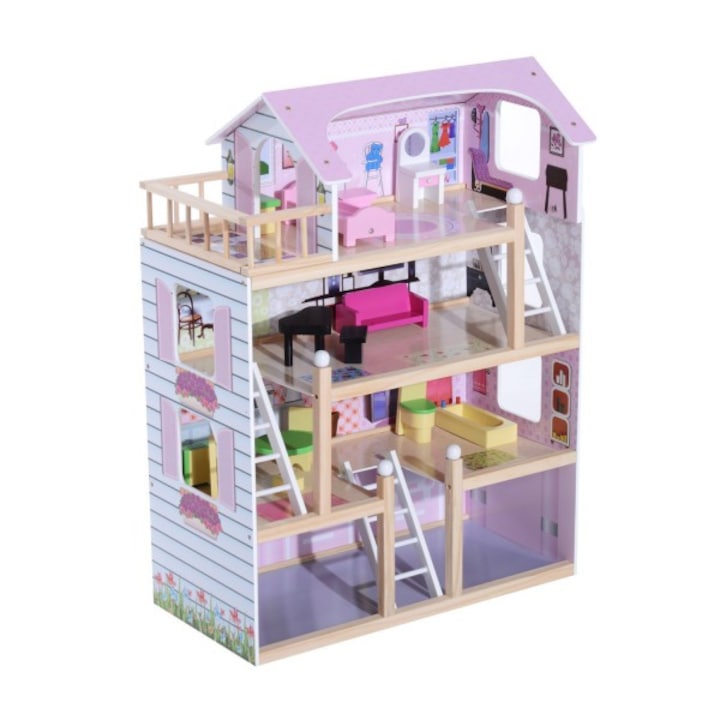 Къща за кукли HomCom, 4 дървени подове с аксесоари, Розов, 60x30x80 cm