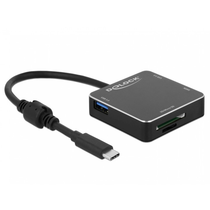 Хъб USB Delock 64045, USB 3.1, 2 x USB-A, 1 x USB-C, SD/Micro SD слот, Черен