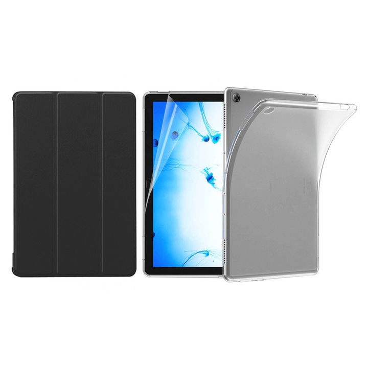 KRASSUS 3 az 1-ben könyv típusú szilikon tok és kijelzővédő fólia Huawei MediaPad M5 Lite 10.1 hüvelykes tablethez, fekete