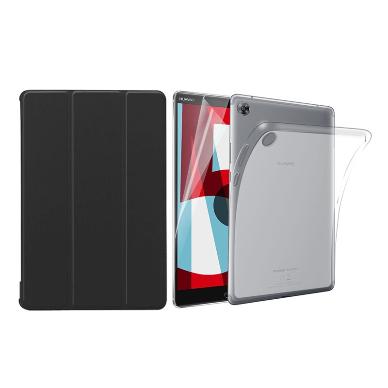 Set 3 in 1 husa carte, husa silicon si folie protectie ecran pentru Huawei MediaPad M5 / M5 Pro 10.8 inch, negru