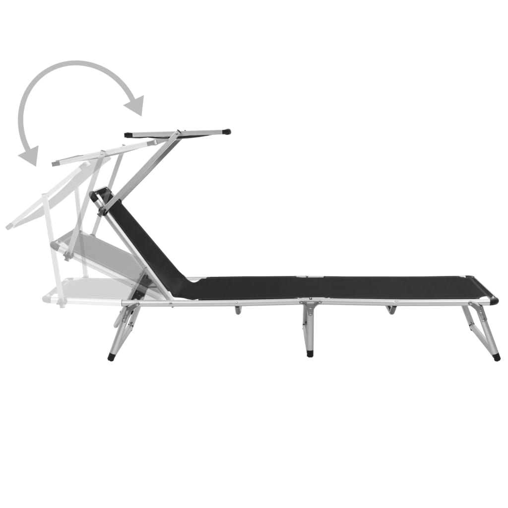 Sezlong pliabil cu acoperis, vidaXL, Negru, Otel si textilena, 186 x 58 x 25,5 cm