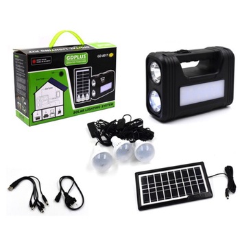 Sistem iluminare cu incarcare solara, 3 becuri led, 6 surse de lumina Led, iesire USB, Negru Sistem iluminare cu incarcare solara, 3 becuri led, 6 surse de lumina Led, iesire USB, Negru