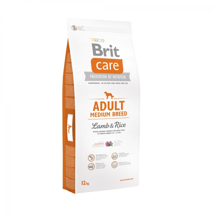 Hrana uscata pentru caini Brit Care, Adult, Medium Breed, Miel si Orez, 12kg