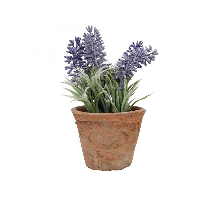 Ghiveci teracota, cu floare artificiala, lavanda, 15x9 cm