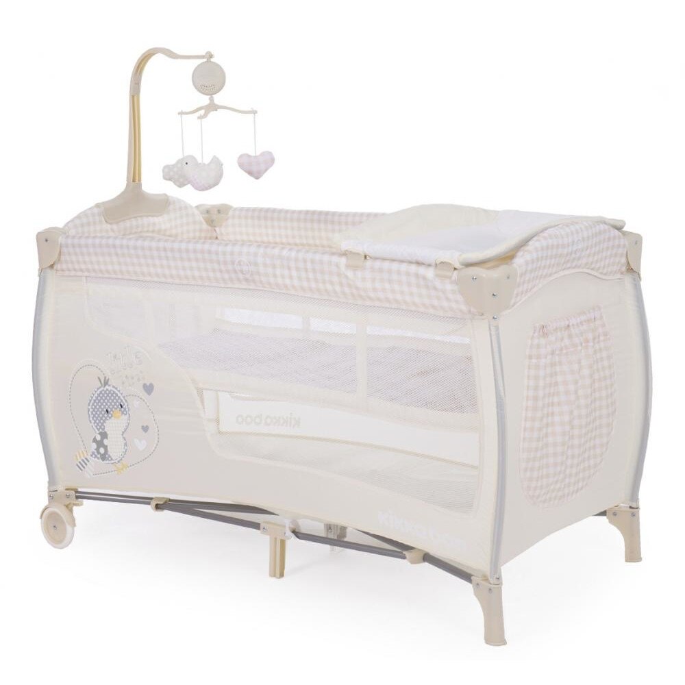 Patut pliabil KikkaBoo cu doua nivele si carusel Dolce Sonno Beige Birdy