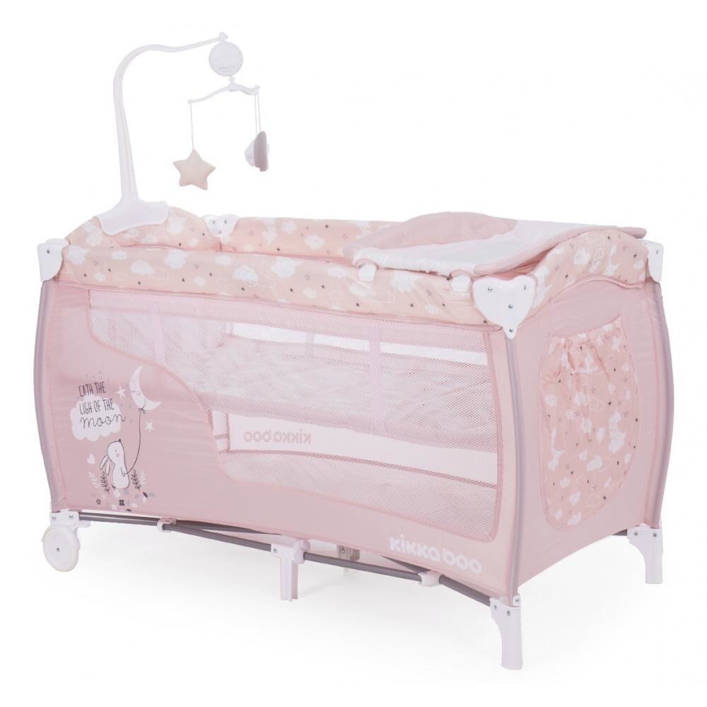 Patut pliabil KikkaBoo cu doua nivele si carusel Dolce Sonno Pink Rabbits