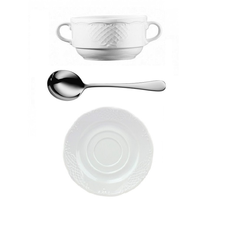 Set pentru supa, bol consomme + farfurie, 250 ml + 15 cm, Kutahya Porselen + Lingura rotunda consomme Hepp