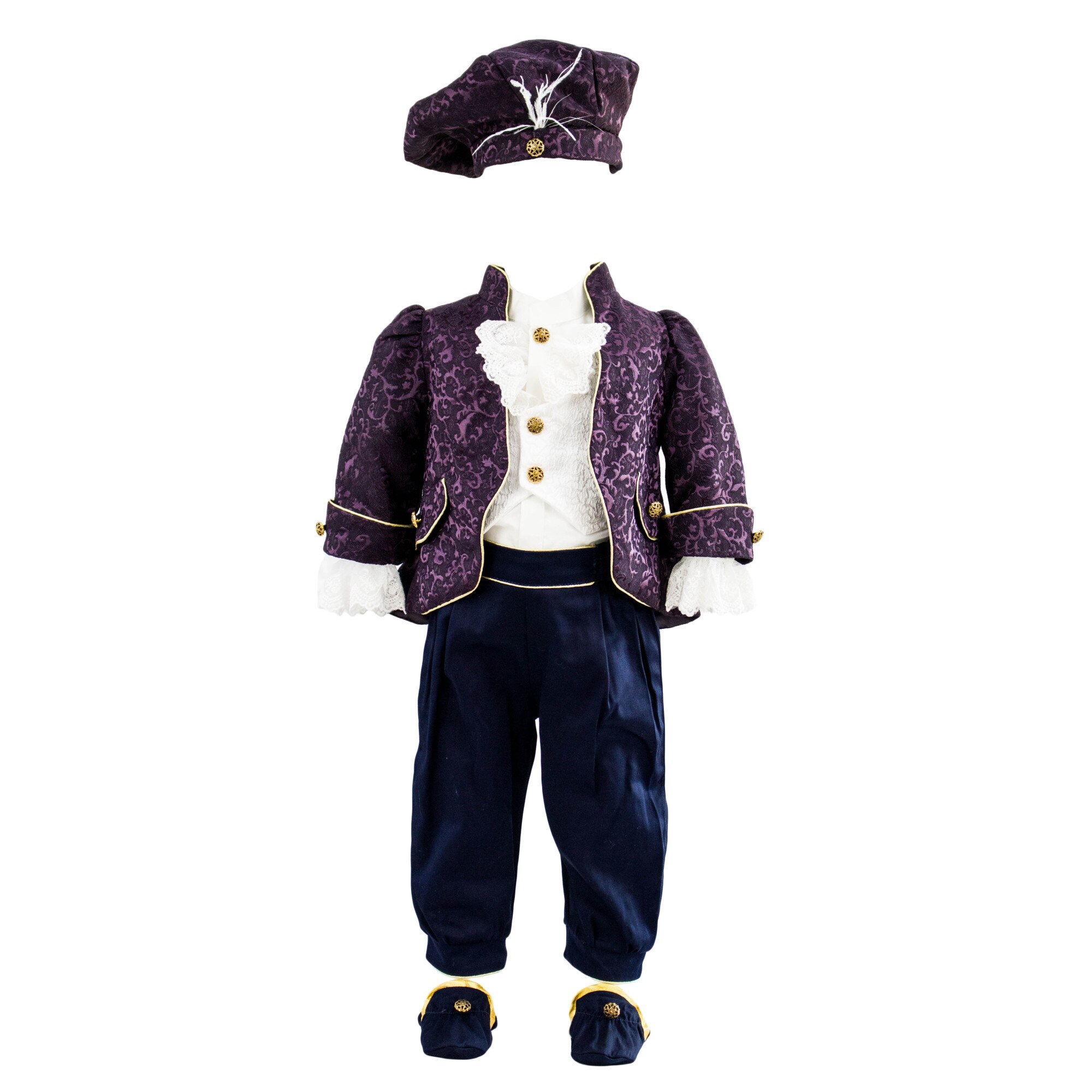 Costum botez, model Micul Print, culoare mov-bleumarin , varsta 3-6 luni