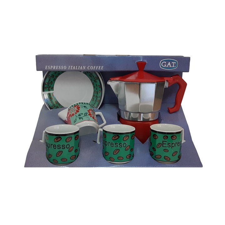 Set cafetiera cu cesti pentru 3 persoane Continut 8 piese ce consta din cafetiera, ceasca cafea 90 ml, farfurii, latiera cafea Culoare verde, GAT