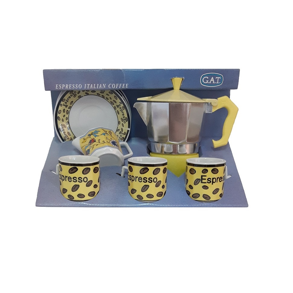 Set cafetiera cu cesti pentru 3 persoane Continut 8 piese ce consta din cafetiera, ceasca cafea 90 ml, farfurii, latiera cafea Culoare galben, GAT