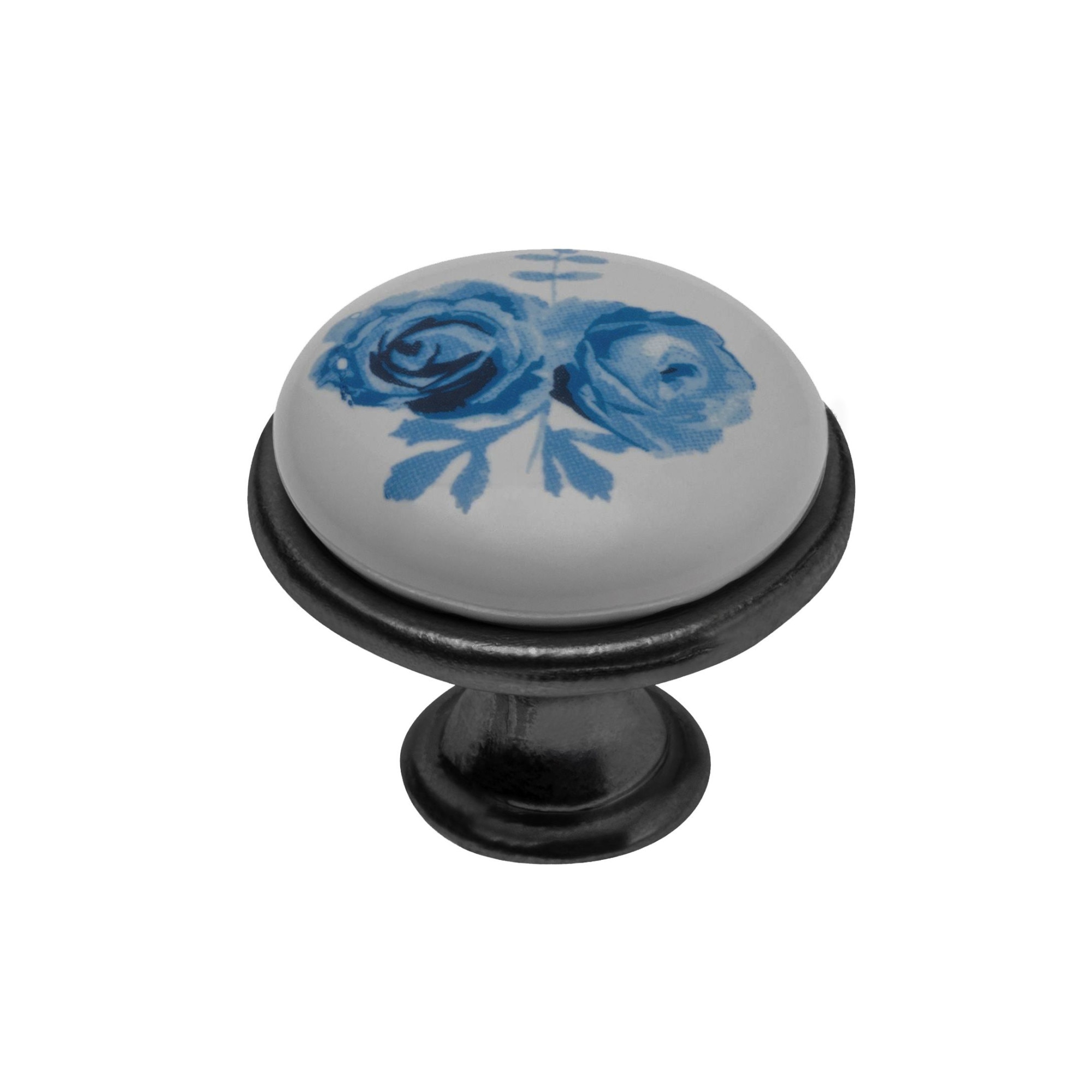 Buton retro argint antichizat, portelan, floare albastra, Ø26.5 mm