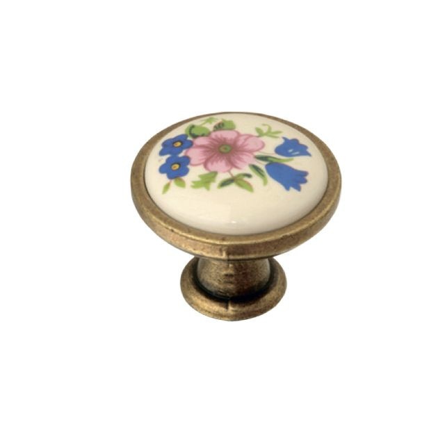 Buton retro alama antichizata, portelan, floare multicolora, Ø26.5 mm
