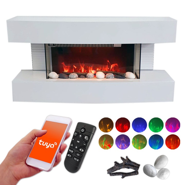 Електрическа камина 3D ElectricSun Paula малък, Бял, 32 инча, 81х41х22см,10 цвята, WiFi с мобилно приложение Tuya