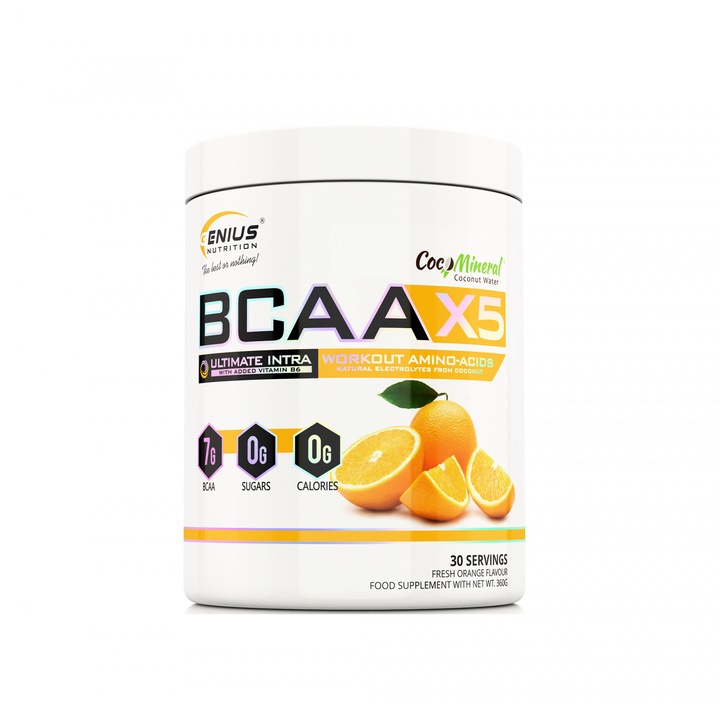 Aminoacizi pudra Genius Nutrition BCAA X5 pentru refacerea si dezvoltarea masei musculare cu aroma de Portocala, 360 g