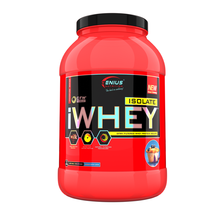 Pudra proteica iWhey Isolate Blueberry Muffin, Proteina din zer Genius Nutrition pentru cresterea masei musculare, 900 g