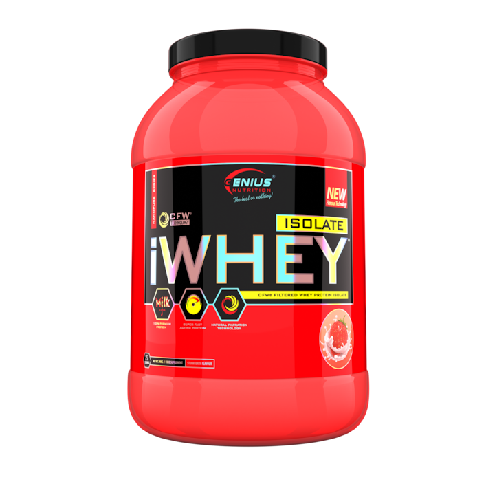 Pudra proteica iWhey Isolate Capsuni, Proteina din zer Genius Nutrition pentru cresterea masei musculare, 900 g