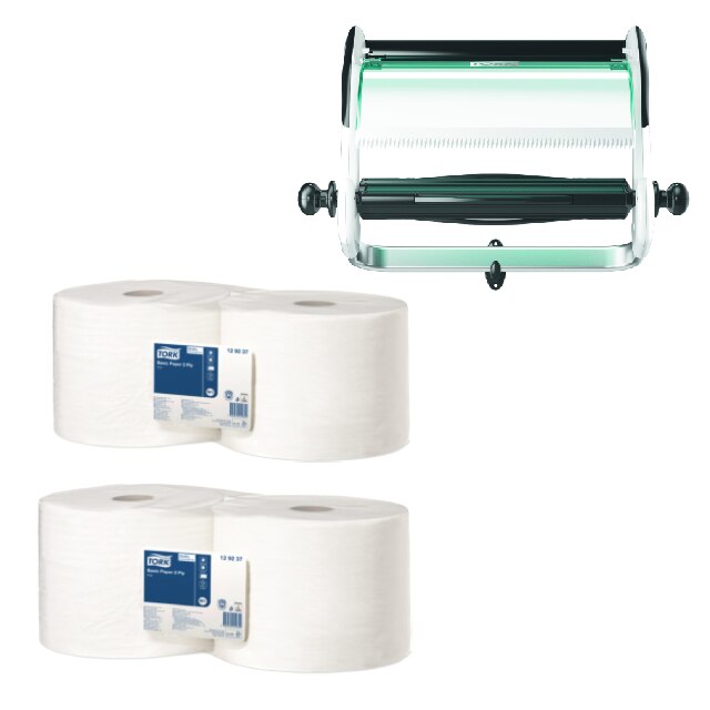 Pachet 4*Role hartie industriala Tork 129237, 2 straturi, 510 m, culoare alb si Stativ Perete Tork 652100, pentru rola de hartie/lavete, culoarea alb/turquoise