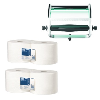 Pachet 4*Role hartie industriala Tork 129237, 2 straturi, 510 m, culoare alb si Stativ Perete Tork 652100, pentru rola de hartie/lavete, culoarea alb/turquoise Pachet 4*Role hartie industriala Tork 129237, 2 straturi, 510 m, culoare alb si Stativ Perete Tork 652100, pentru rola de hartie/lavete, culoarea alb/turquoise