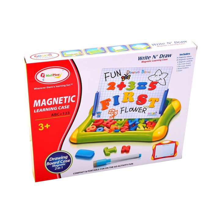 Tabla magnetică MalPlay 2 in 1 cu cifre, litere și simboluri, 23.5x30x3cm