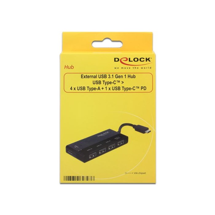 Delock Külso, USB 3.1 Gen 1 elosztó, USB Type-C > 4 x USB A-típusú + 1 x USB Type-C PD (DL-62793)