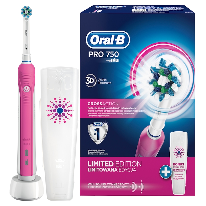 Oral-B PRO 750 CrossAction elektromos fogkefe + Travel Case, tölthető, 3D tisztítás, 1 program, 1 fej, Fehér/Rózsaszín