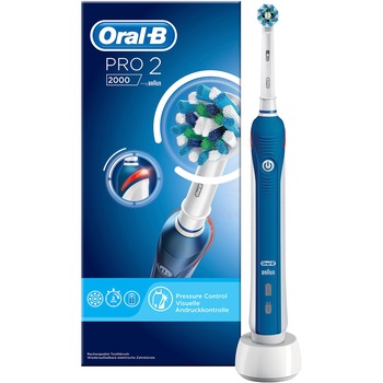 Periuta de dinti electrica Oral-B PRO 2 2000 Cross Action, 40000 pulsatii/min, 8800 oscilatii/min, Curatare 3D, 2 programe, 1 capat, Alb/Albastru Periuta de dinti electrica Oral-B PRO 2 2000 Cross Action, 40000 pulsatii/min, 8800 oscilatii/min, Curatare 3D, 2 programe, 1 capat, Alb/Albastru