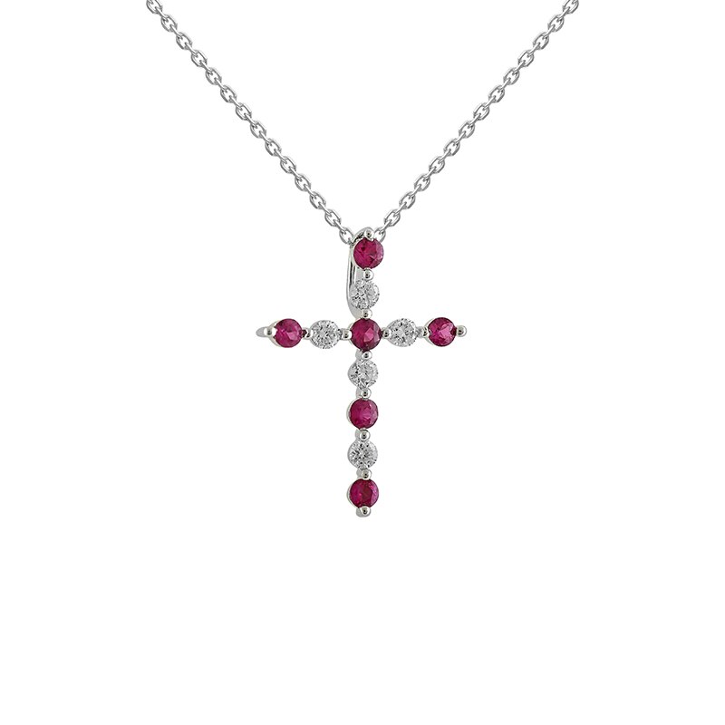 Pandantiv Cruce cu Lant Deruvo Aur 18k Diamante, Rubine, Ajustabil 40-45 PCPC00007-RUDW