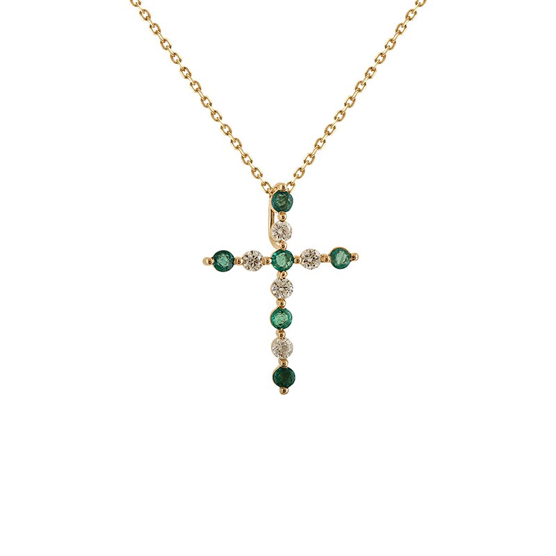Pandantiv Cruce cu Lant Deruvo Aur 18k Diamante, Smaralde, Ajustabil 40-45 PCPC00007-EMDY