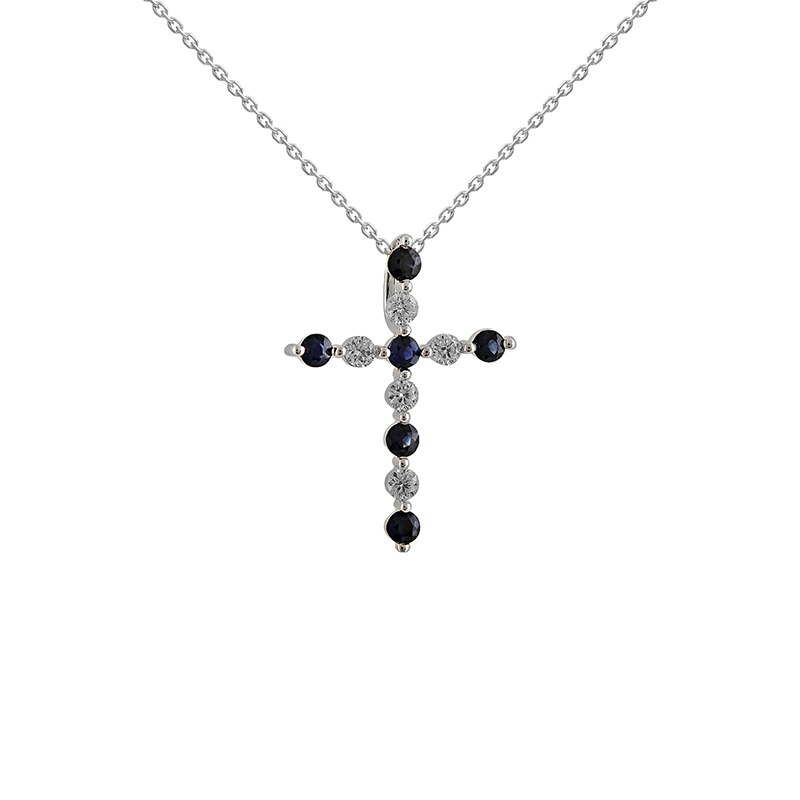 Pandantiv Cruce cu Lant Deruvo Aur 18k Diamante, Safire, Ajustabil 40-45 PCPC00007-SADW