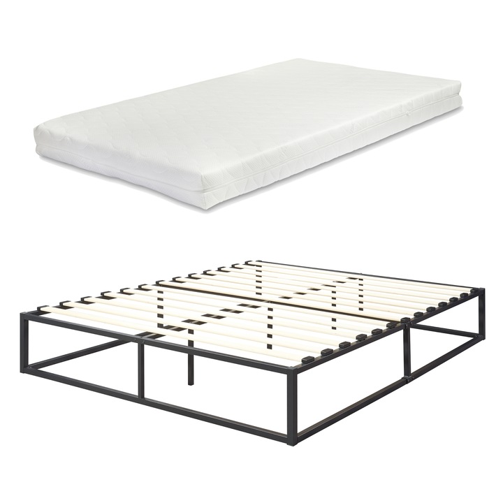 Pat, en.casa, Kreta, 140 x 200 cm, 300 kg, otel, negru, cu saltea