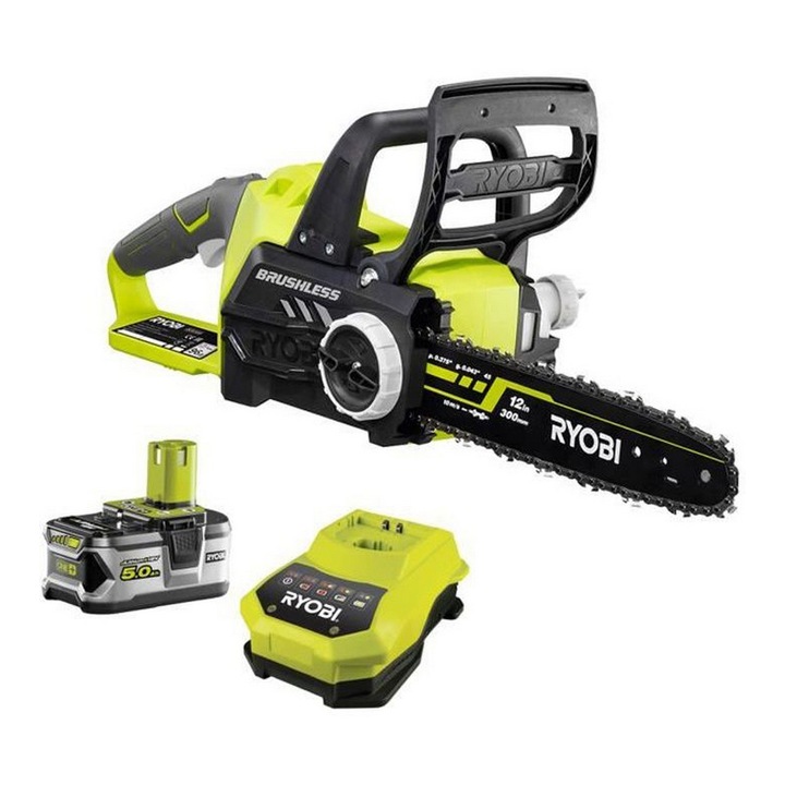 Ryobi ONE+ RCS18X3050F 18v akkus szénkefementes 30 cm-es láncfűrész 5,0ah akku töltő