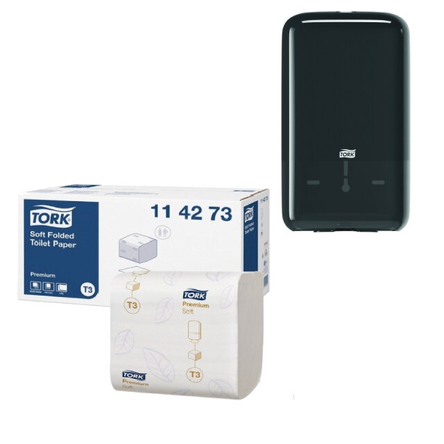 Pachet Hartie igienica Tork Bulk Soft 114273, gama Premium, 2 straturi, 30 pachete/bax, culoarea alb si Dozator Hartie Igienica Portionata Tork Folded 556008, culoarea negru