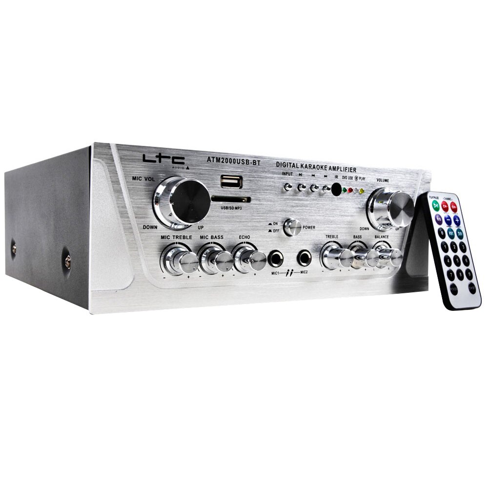 Amplificator karaoke stereo LTC 2 x 50 RMS, Hi-fi/Karaoke, Bluetooth, USB, MP3, Butoane aluminiu, Telecomanda