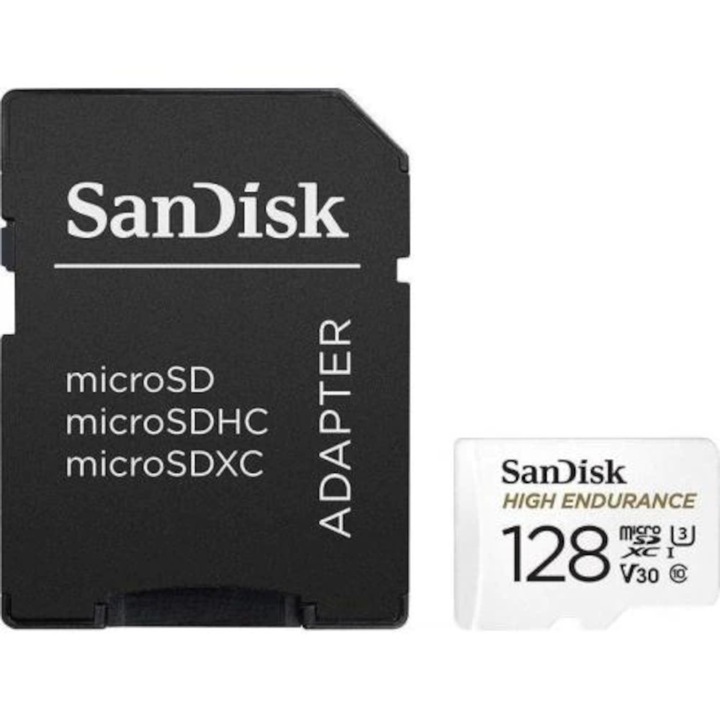 SanDisk High Endurance Video Micro SD Memóriakártya, 128 GB, Class 10, V30, UHS-I U3, adapterrel