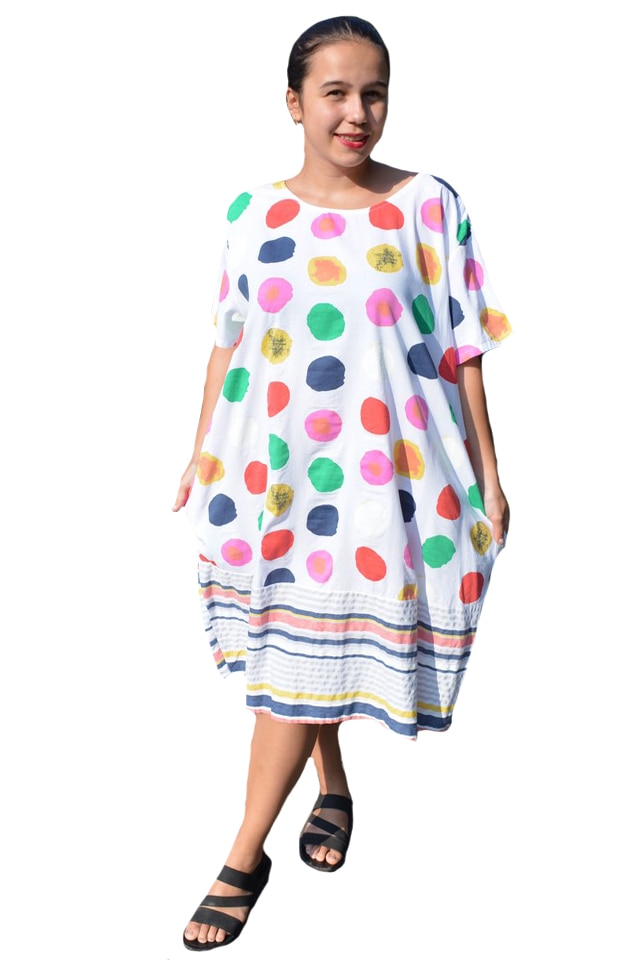 Rochie Ruenilde, imprimeu cu buline colorate, D&J Exclussive, Alb