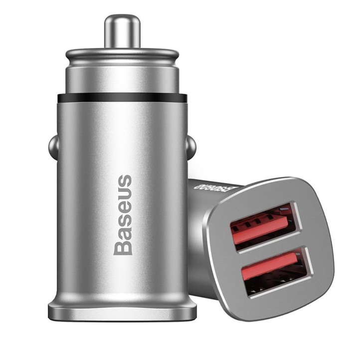 Baseus Dual QC 3.0 Car Charger 27W - зарядно за кола с два USB изхода и технология за бързо зареждане (сребрист)