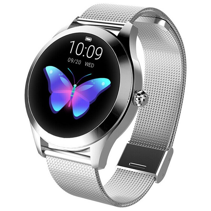 Ceas pentru femei Smartwatch KW10, monitor de tensiune arteriala, monitor de ritm cardiac, pedometru, IP67, android, argint