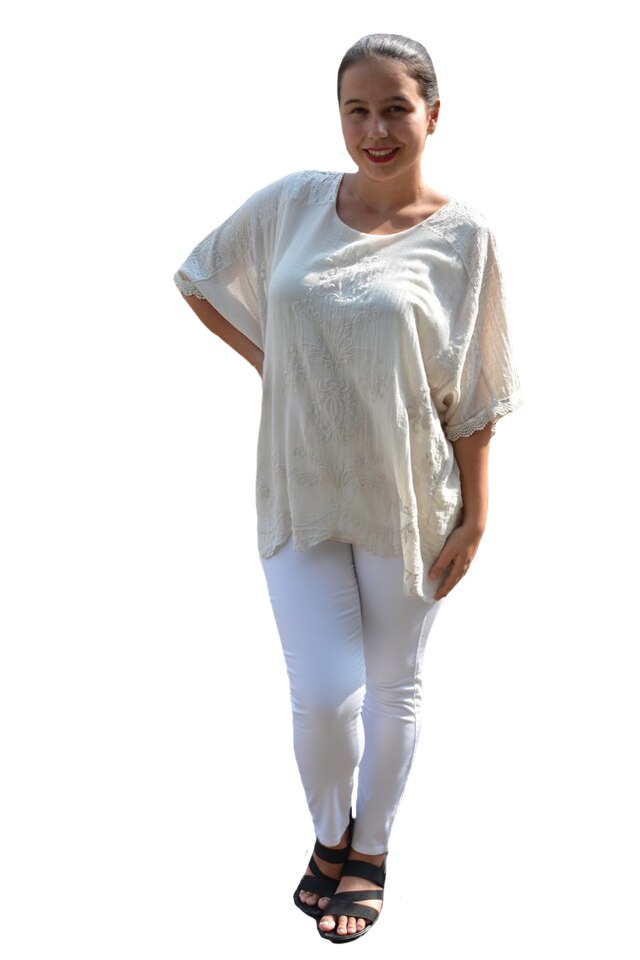 Bluza de vara lejera Andreea model brodat si paiete la umeri,D&J Exclussive,caramiziu, 50 EU, Crem