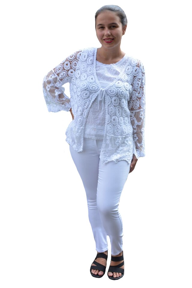 Bluza de vara tip cardigan Agata ,model brodat si insertii de dantela,D&J Exclussive, Alb