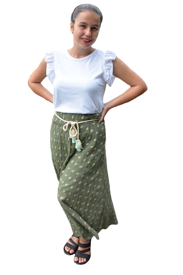 Fusta Alexandra, imprimeu cu buline aurii, D&J Exclussive, Kaki